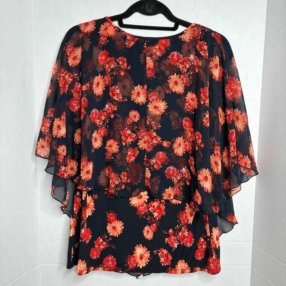 Liz McCoy Black Orange Floral Women's Overlay Blouse Large Travel Office - Picture 7 of 7